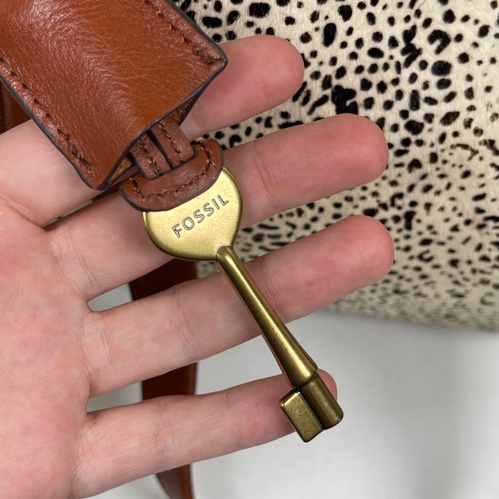 Fossil Memoir Satchel Leather Calf Hair Purse White Bone Spot Animal Print Boho‎ - Picture 7 of 15